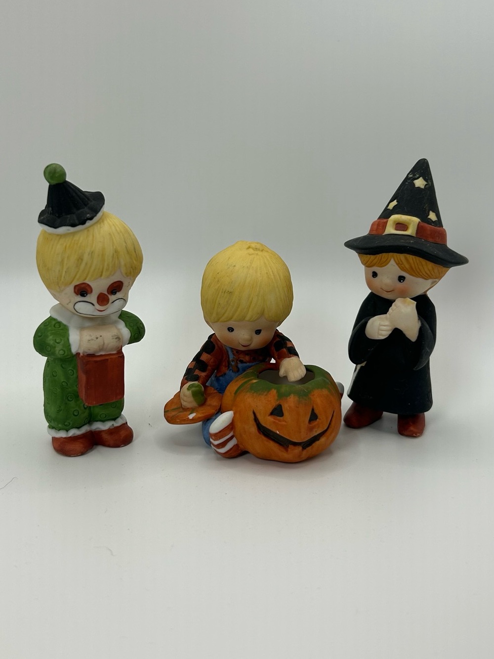 Enesco Halloween Ceramic Figurine Trio in Orange, Black, Green